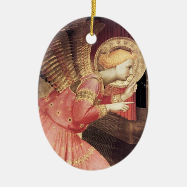ANNUNCIATION ANGEL IN PINK AND GOLD Gem stone Ceramic Tree Decoration (Front)