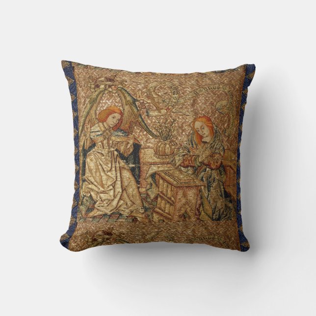 ANNUNCIATION ANTIQUE GOLD BLUE EMBROIDERY CUSHION (Front)