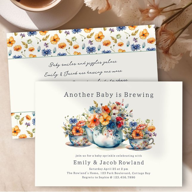 Another Baby is Brewing Floral Teacups Sprinkle Invitation (Baby is Brewing Handwritten Baby Sprinkle Invitation with Teapot, Teacups and Country Flowers)