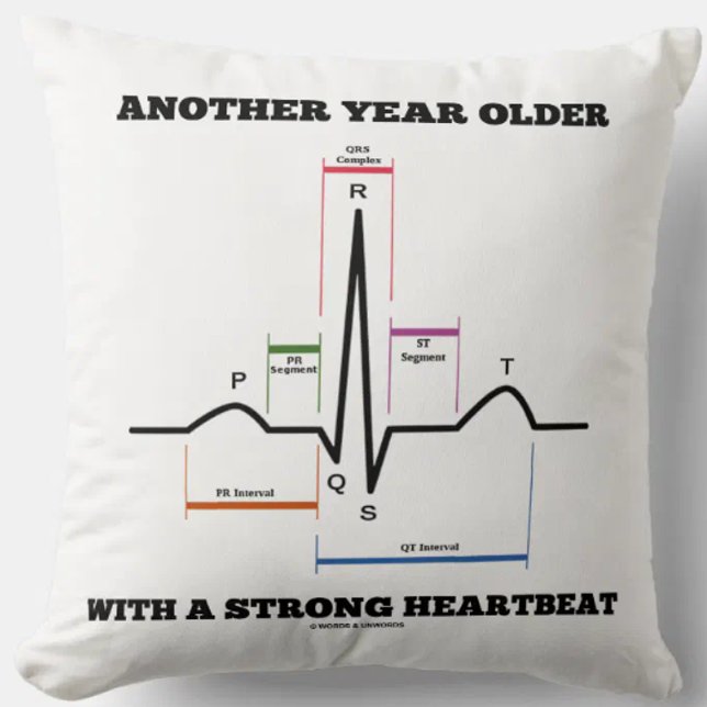 Another Year Older With A Strong Heartbeat ECG/EKG Cushion (Throw pillow featuring normal sinus rhythm on electrocardiogram for anyone's birthday!)