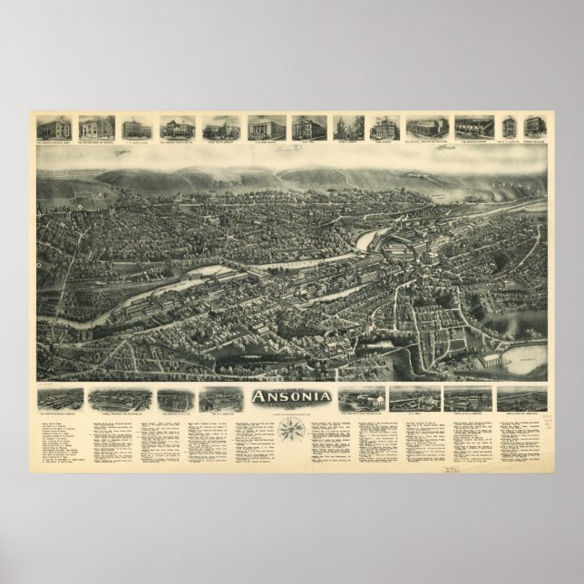 Ansonia Connecticut 1921 Antique Panoramic Map Poster (Front)