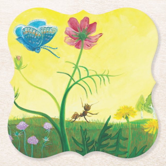 Ant and butterfly on a summer meadow Illustration Paper Coaster (Front)