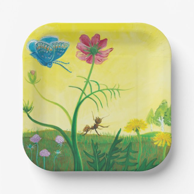Ant and butterfly on a summer meadow Illustration Paper Plate (Front)