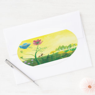 Ant and butterfly on wildflower meadow oval sticker