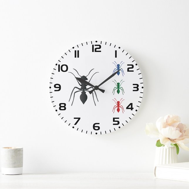 Ant Silhouettes Insects Black Blue Green and Red  Large Clock (Creator Uploaded)