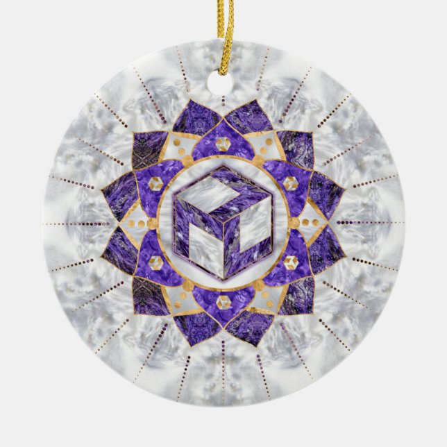Antahkarana in Lotus Mandala- Amethyst and Pearl Ceramic Tree Decoration (Front)