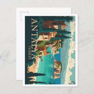 Antalya Turkey Vintage Travel Illustration Postcard