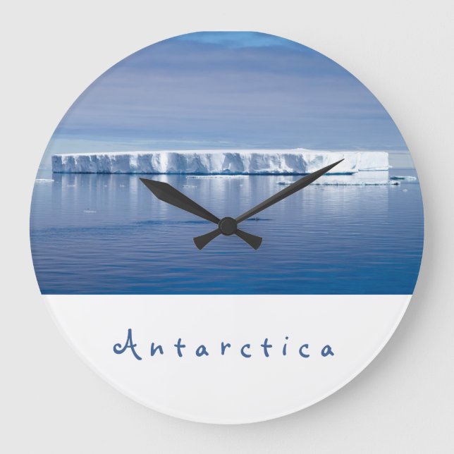 Antarctica iceberg landscape photo with white text large clock (Front)