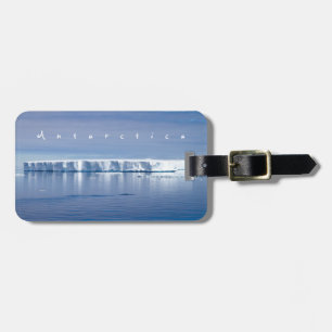 Antarctica iceberg landscape photo with white text luggage tag