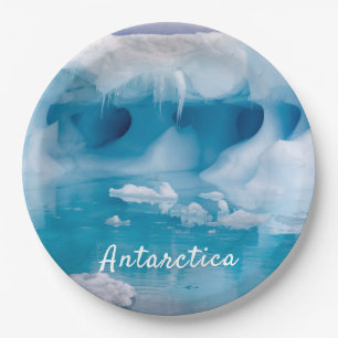 Antarctica iceberg photo with text paper plate