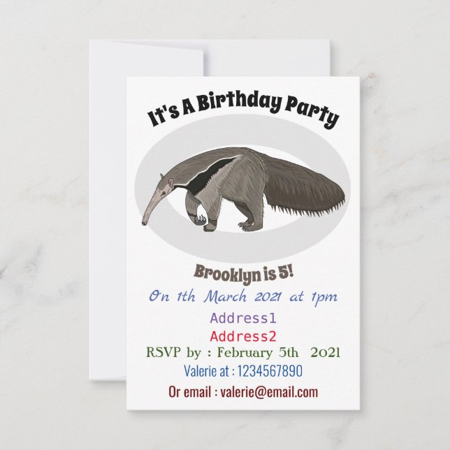 Anteater cartoon illustration invitation (Front)