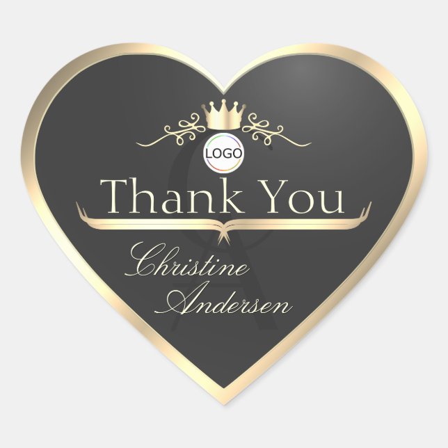 Anthracite Gold Border Logo and Monogram Thank You Heart Sticker (Front)