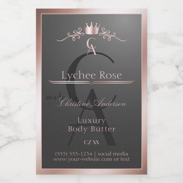Anthracite Product Label Rose Gold Frame Monogram (Single Label)