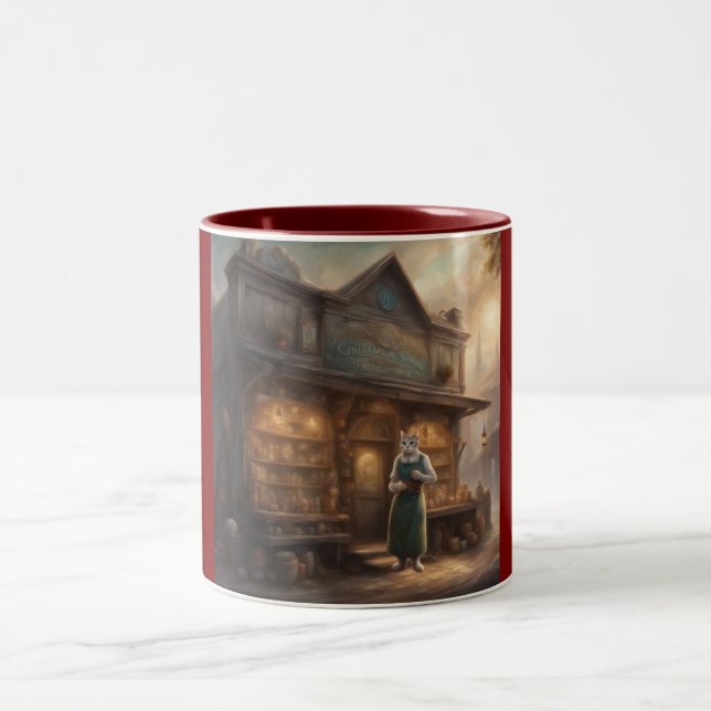 Anthropomorphic Cat in front of General Store Two-Tone Coffee Mug (Center)