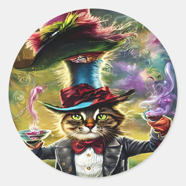  anthropomorphic Cat Mad Hatter Fantasy Fairytale  Classic Round Sticker (Front)