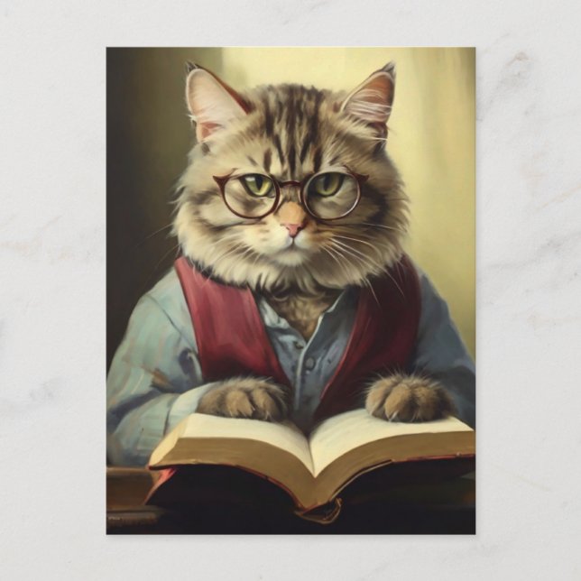 anthropomorphic cat reading a book  postcard (Front)
