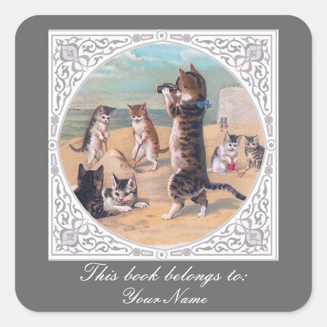 Anthropomorphic Cats at the Beach Square Sticker (Front)