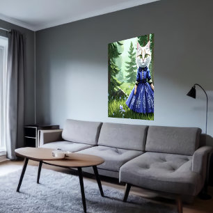 Anthropomorphic white cat in blue dress AI Art Poster