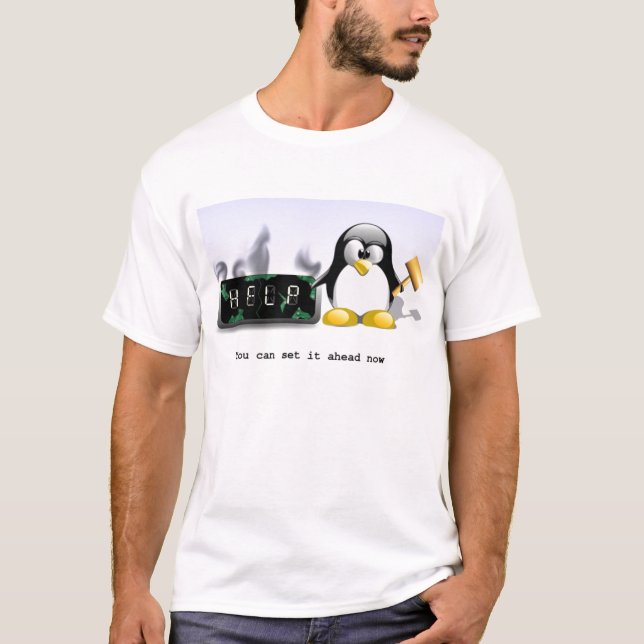 Anti Daylight Saving Time-Penguin Smashes Clock T-Shirt (Front)
