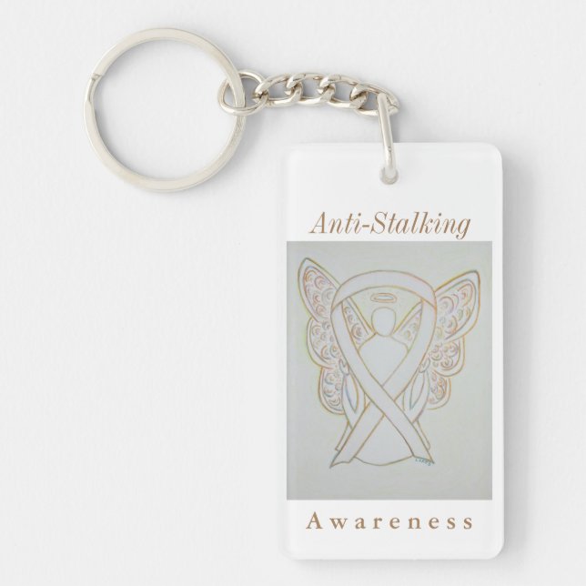 Anti-Stalking Awareness White Ribbon Keychain (Front)