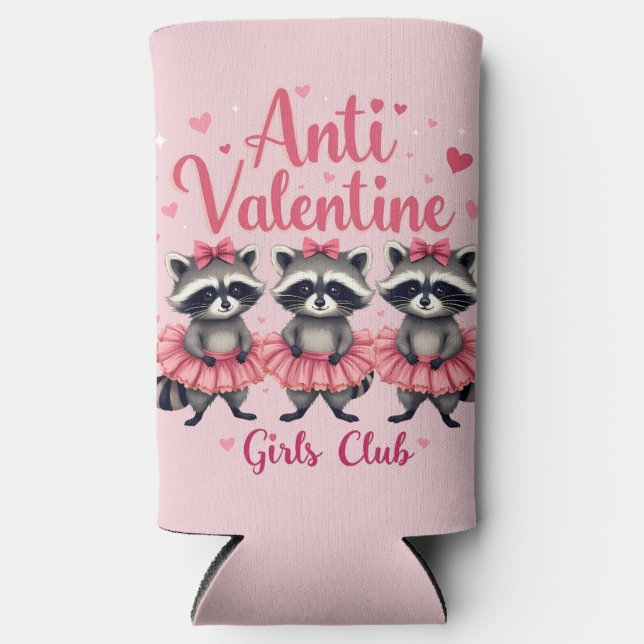 Anti Valentine’s Day Funny Racoon Cute Kawaii Seltzer Can Cooler (Front)