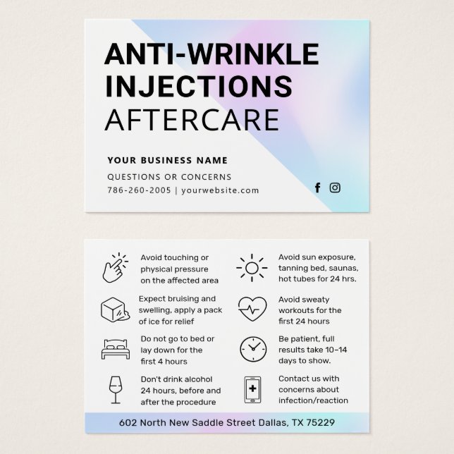 Anti Wrinkle Injections Aftercare Instruction Card (Front & Back)