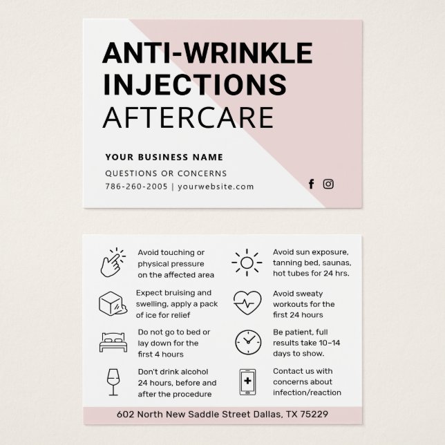 Anti Wrinkle Injections Botox Aftercare Card  (Front & Back)