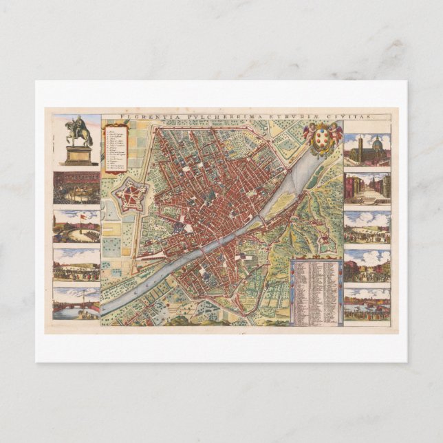 Antique 1660 Map of Florence, Italy, Postcard (Front)
