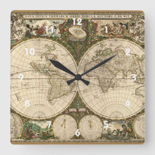 Antique 1660 World Map by Frederick de Wit Square Wall Clock