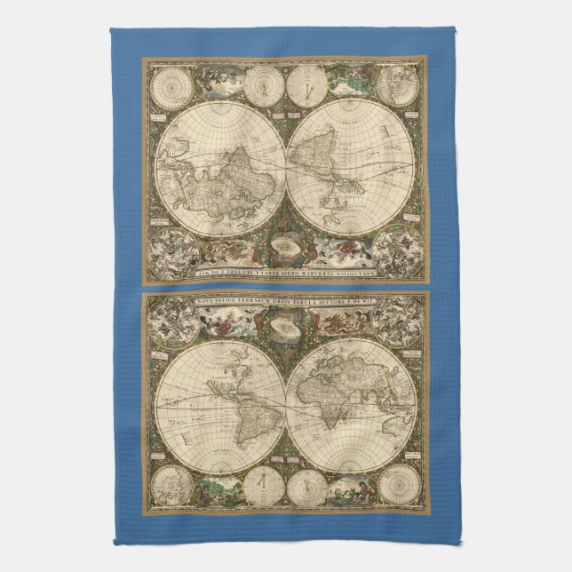 Antique 1660 World Map by Frederick de Wit Tea Towel (Vertical)