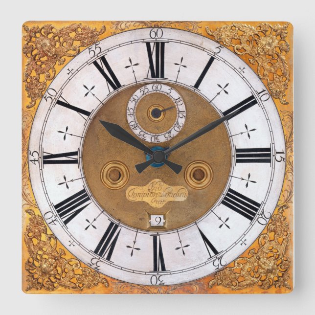 Antique 1700 Thomas Tompion Print Square Wall Clock (Front)