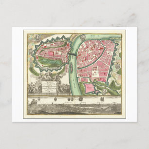 Antique 1730 Map of Prague, Czech Republic, Postcard