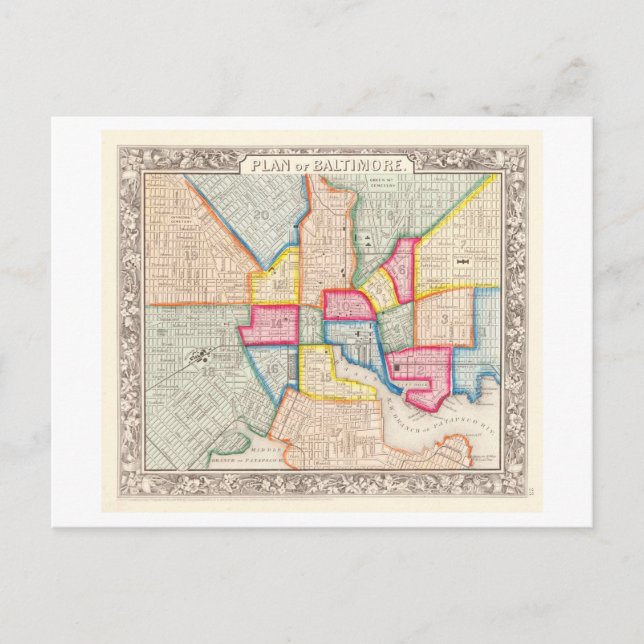 Antique 1867 Map of Baltimore, Maryland,  Postcard (Front)