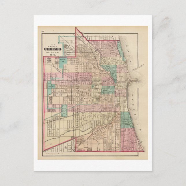 Antique 1873 Map of Chicago, Illinois,  Postcard (Front)