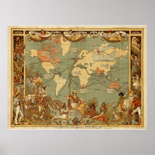 Antique 1886 World Map British Empire Poster