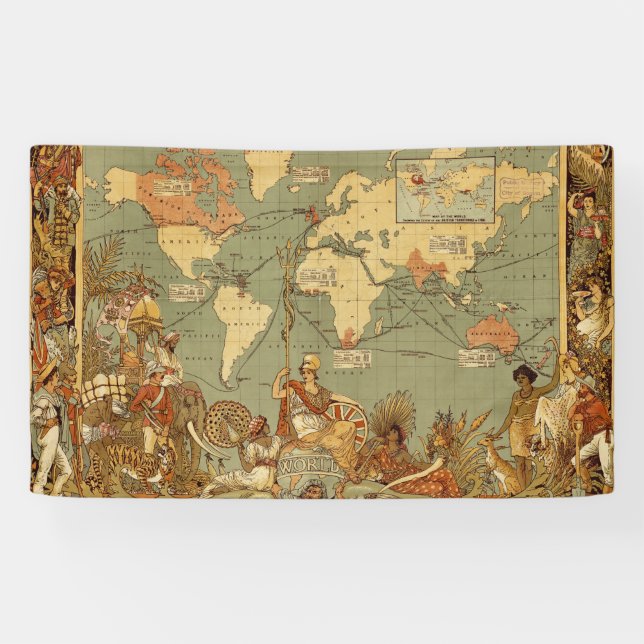 Antique 1886 World Map British Empire Poster Banner (Horizontal)