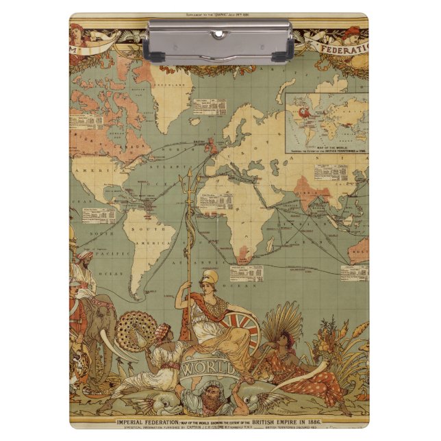 Antique 1886 World Map British Empire Poster Clipboard (Front)