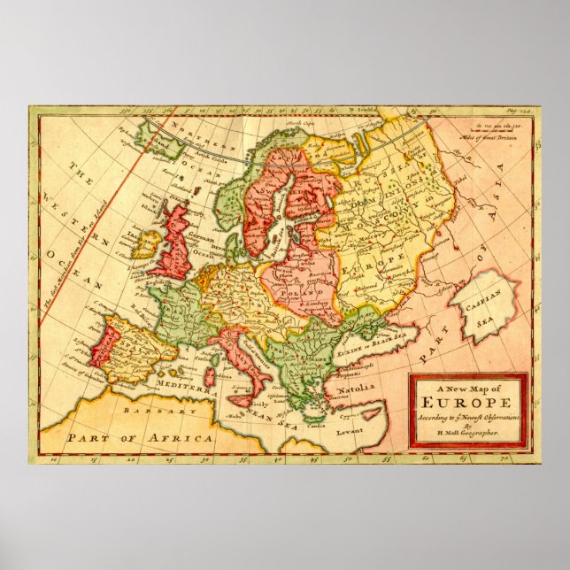 Antique 18th Century Map of Europe Herman Moll Poster (Front)