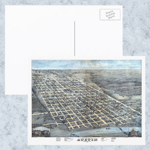 Antique Aerial City Map of Austin, Texas, 1873 Postcard