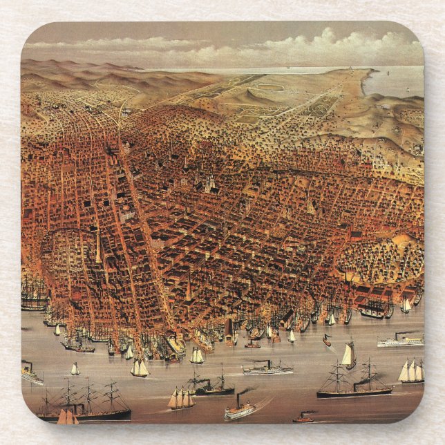 Antique Aerial Map of San Francisco, California Coaster (Front)