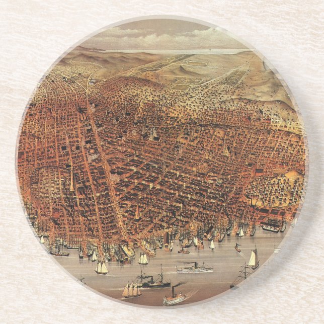 Antique Aerial Map, San Francisco City, California Coaster (Front)