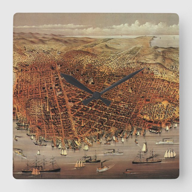 Antique Aerial Map, San Francisco City, California Square Wall Clock (Front)