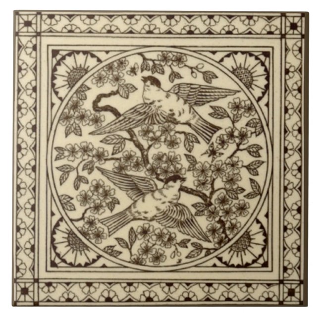 Antique Aesthetic Japanese Sepia Bird Tile Repro (Front)