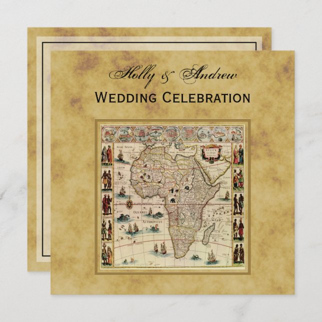 Antique Africa Map Distressed BG SQ Wedding Invitation (Front/Back)