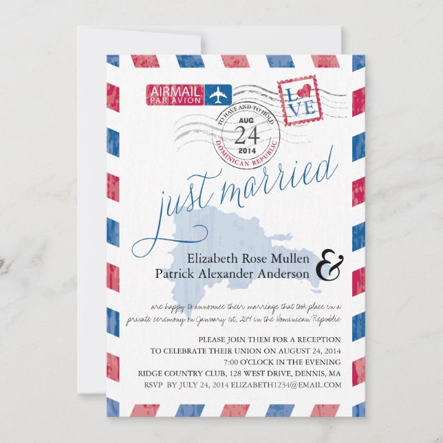 Antique Airmail Just Married Post Reception Invitation (Front)