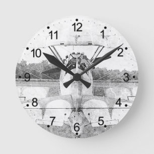 Antique Airplane Retro B&W Round Clock