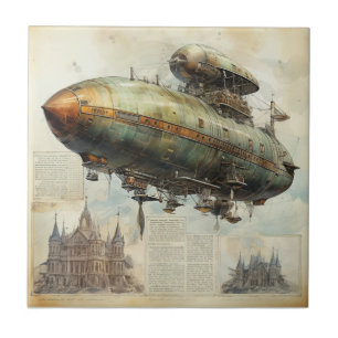 Antique Airship Blueprint Sepia Technical Tile