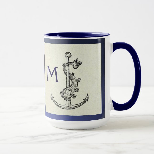ANTIQUE ANCHOR & FISH NAUTICAL Navy Blue Monogram Mug (Right)
