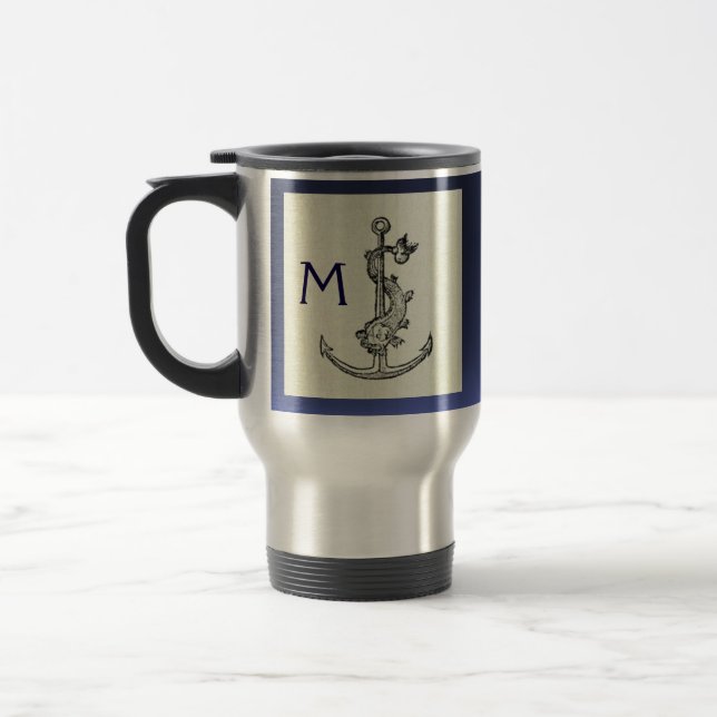 ANTIQUE ANCHOR & FISH NAUTICAL Navy Blue Monogram Travel Mug (Left)