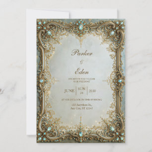 Antique Aqua Jewel Filigree Frame Wedding Invitation